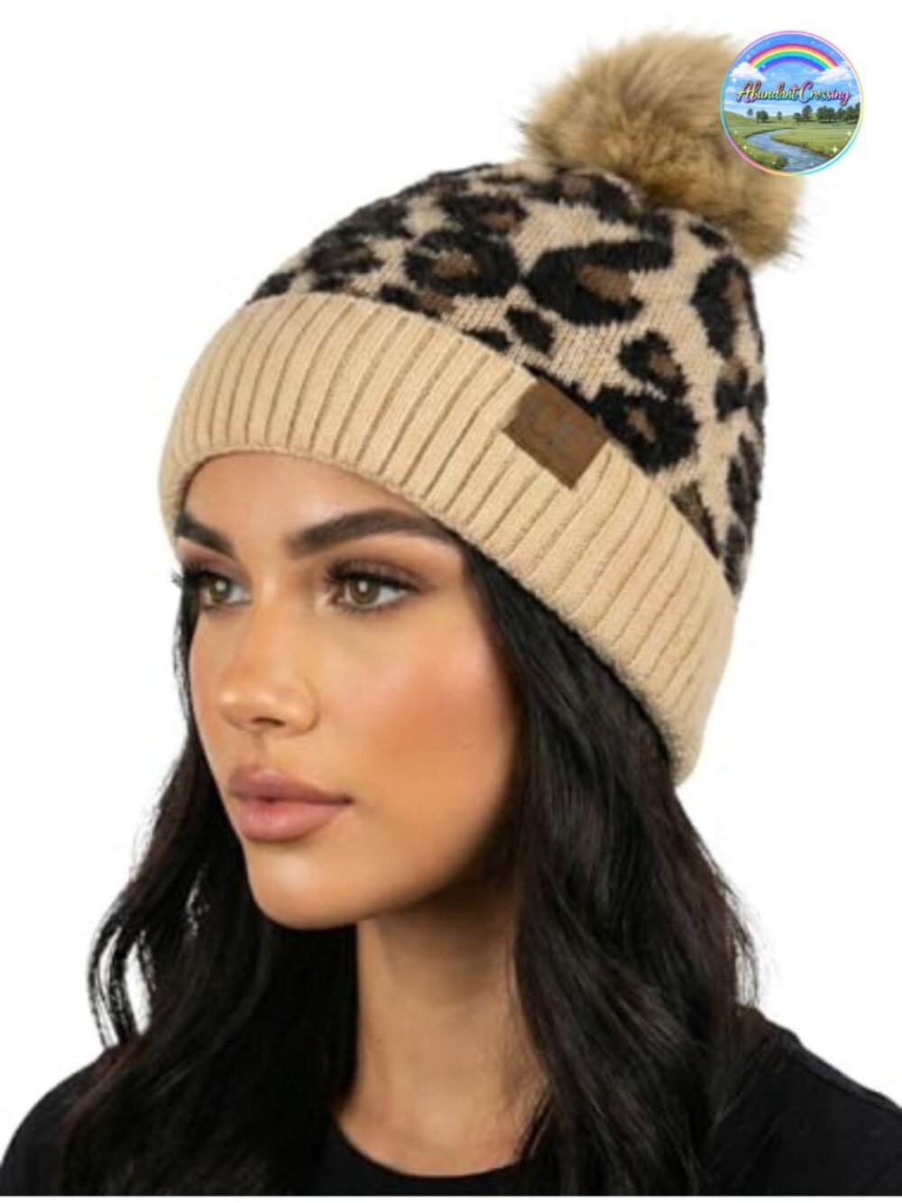 Soft Knit Pom Pom Beanie Winter Hat One Size Fits All Animal Print